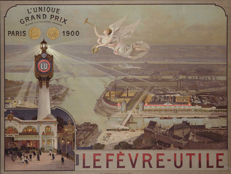 Chromolithographie, <i>L'usine LU, la Renommée et le pavillon LU</i> à l'Exposition universelle de Paris