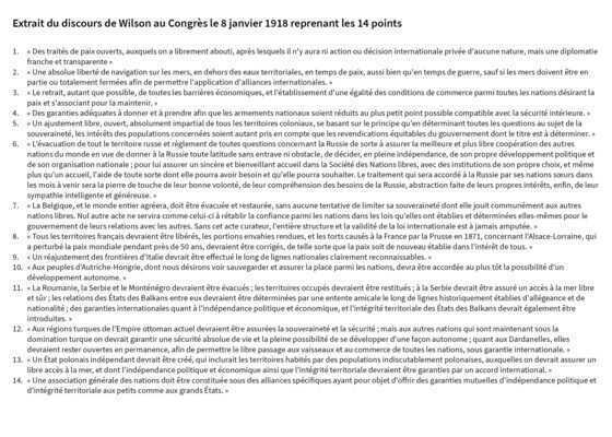 Extrait du discours de Wilson au Congrès le 8 janvier 1918 reprenant les 14 points
