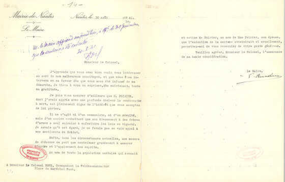 Courrier du maire de Nantes Gaëtan Rondeau au lieutenant-colonel Hotz