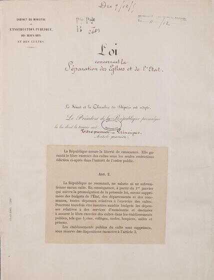 Première page de la loi de séparation des Églises et de l’État du 9 décembre 1905