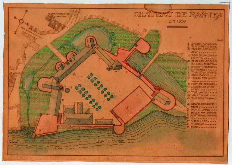 Plan sur calque aquarellé, <i>Le château de Nantes en 1600</i>