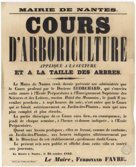 Affiche d’un cours d’arboriculture appliqué à la culture et à la taille des arbres donné au Jardin des Plantes par le Docteur Écorchard