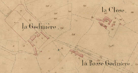 Extrait du cadastre de la commune de Nantes situant les lieux-dits de la Gaudinière, de la Close et de la Basse Gaudinière (1835)