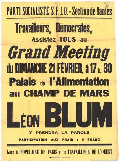Affiche annonçant le grand meeting populaire au Champ-de-Mars et la prise de parole de Léon Blum le 21 février 1937