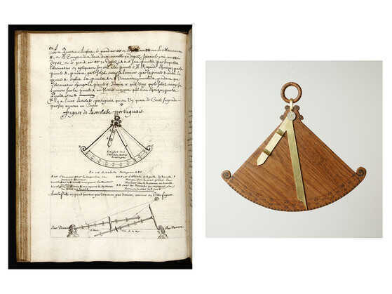 Page du Traité de la navigation par le quartier de réduction présentant l’astrolabe portugais et reconstitution de l’outil par l’association Méridienne