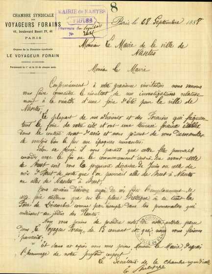Courrier de la chambre syndicale des Voyageurs forains du 28 septembre 1888
