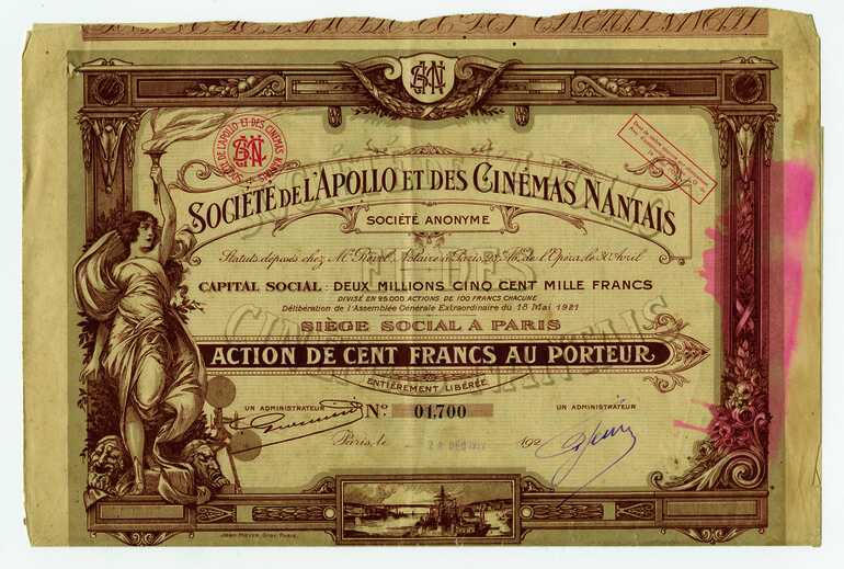 Société de l'Apollo et des cinémas nantais, bon pour action de 100 francs