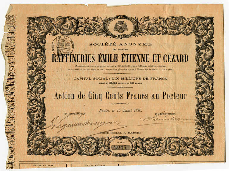 Action de 500 francs des Raffineries Emile Etienne et Cézard