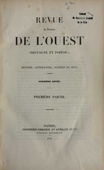 Premier volume publié de la « Revue des Provinces de l’Ouest, Bretagne et Poitou »