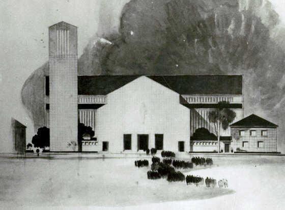 Dessin de projet d'élévation d’ensemble de la nouvelle église Sainte-Madeleine