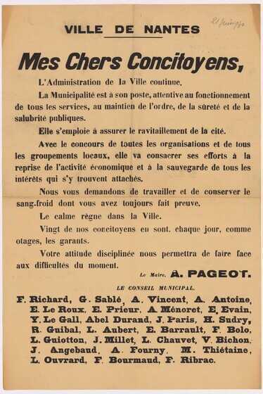 Appel à la population nantaise d’Auguste Pageot suite à l’arrivée des troupes allemandes à Nantes, 21 juin 1940