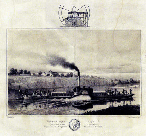 Lithographie d'un bateau à vapeur inexplosible conçu par Vincent Gâche