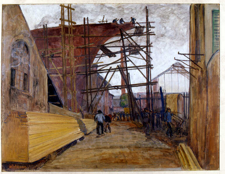 Huile sur carton, <i>Le chantier Dubigeon</i>