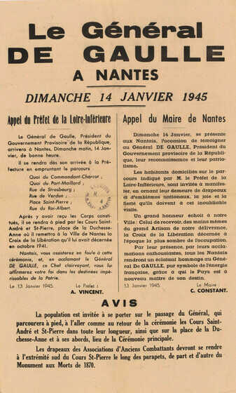 Avis à la population de la visite du général de Gaulle à Nantes