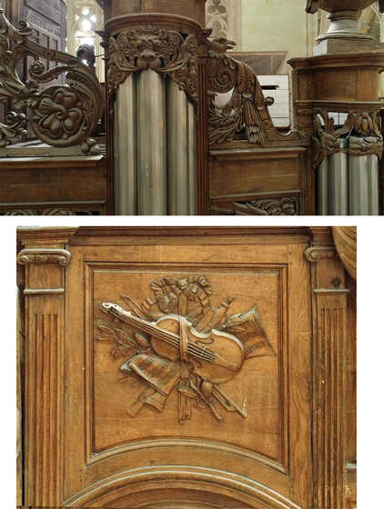 Claire voie au sommet d’une tourelle (17e siècle) et trophée d’instruments de musique (1768)