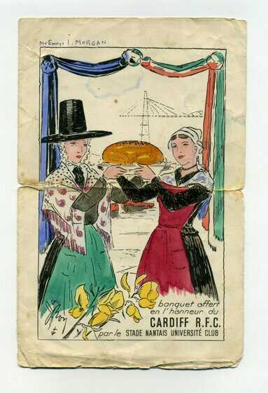 Menu d’un banquet tenu en l’honneur du Cardiff RFC par la SNUC