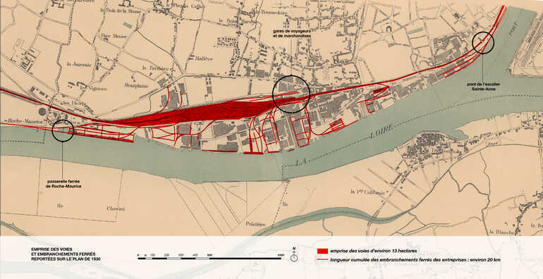 Emprise des voies et embranchements ferrés reportés sur le plan de 1930