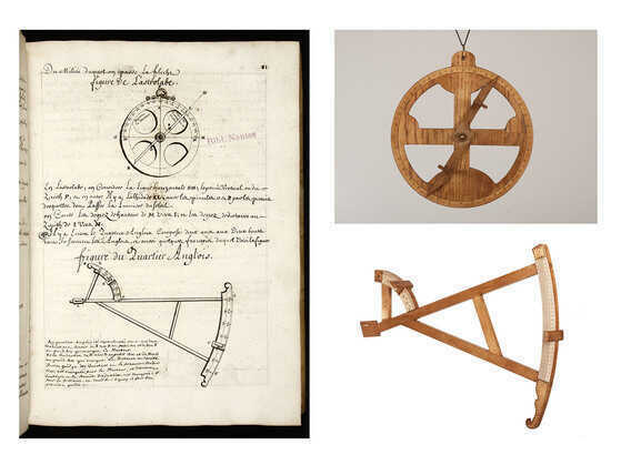 Page Traité de la navigation par le quartier de réduction présentant un astrolabe nautique et un quartier et reconstitution des outils par l’association Méridienne