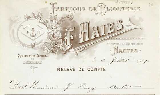 En-tête d’une facture de la bijouterie Haies adressée à Joseph Ouvry, 1er juillet 1909