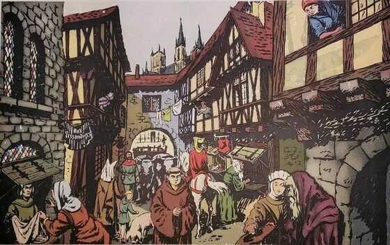 Illustration d’une rue au Moyen Âge