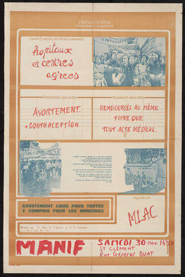 Affiche du MLAC invitant à manifester pour le remboursement de l’avortement et de la contraception