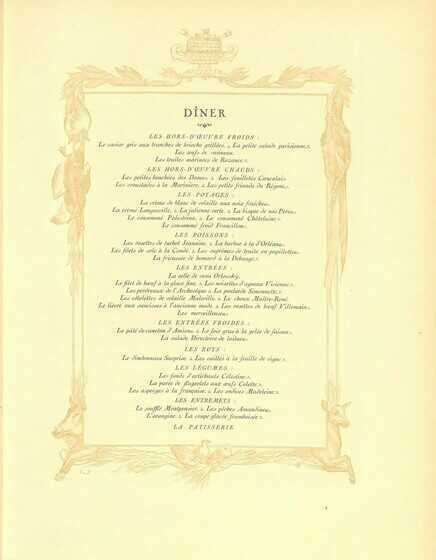 Menu de dîner issu de L’Heptaméron des Gourmets d’Édouard Nignon