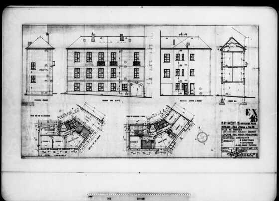 Plan et façade prolongée du groupe scolaire rue Piron vu depuis le quai de la Fosse