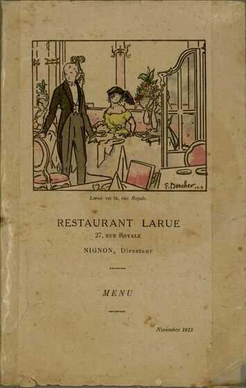 Page de garde du menu de novembre 1913 du restaurant Larue