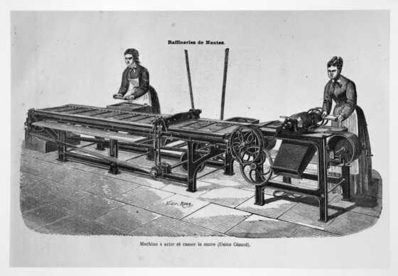 Représentation de 1881 des machines à casser et à scier le sucre en morceaux de la raffinerie de Chantenay