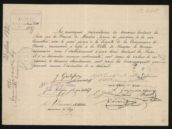 Lettre de cession de terrain à la Ville par les propriétaires de la rue Cornulier