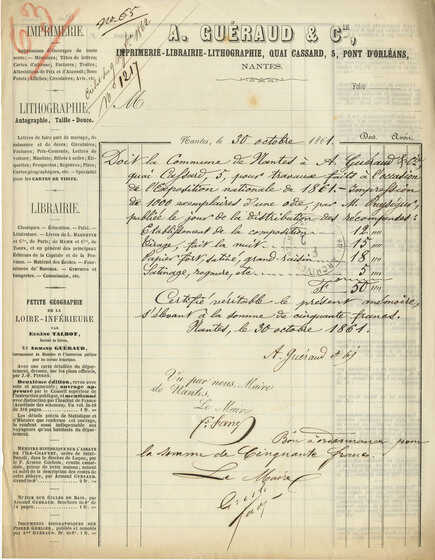 Facture de l’imprimerie, librairie, lithographie A. Guéraud & Cie