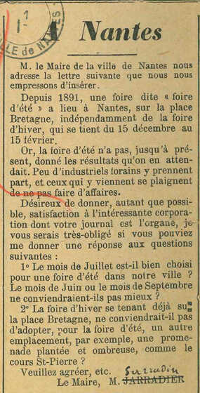 Publication d’une lettre du maire dans un article de « L’industriel forain », édition du 14 au 20 février 1897