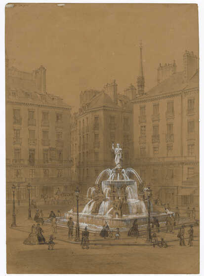 Dessin de la fontaine de la place Royale telle qu'imaginée par Driollet et Ducommun