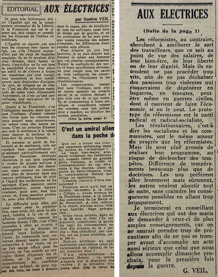 « Éditorial aux électrices », Le populaire de l'ouest, Gaston Veil, 28-29 avril 1945