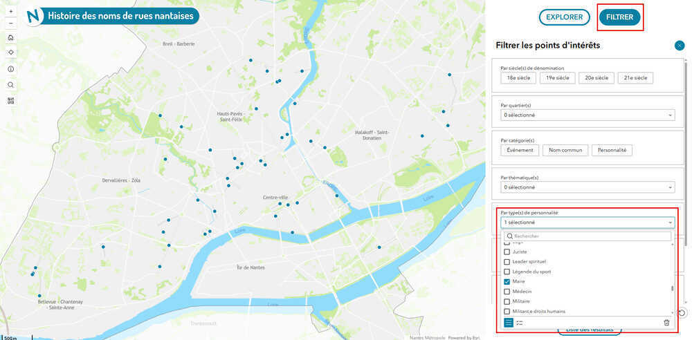 Capture de la carte « Histoire des noms de rues » filtrée sur les nom de maires