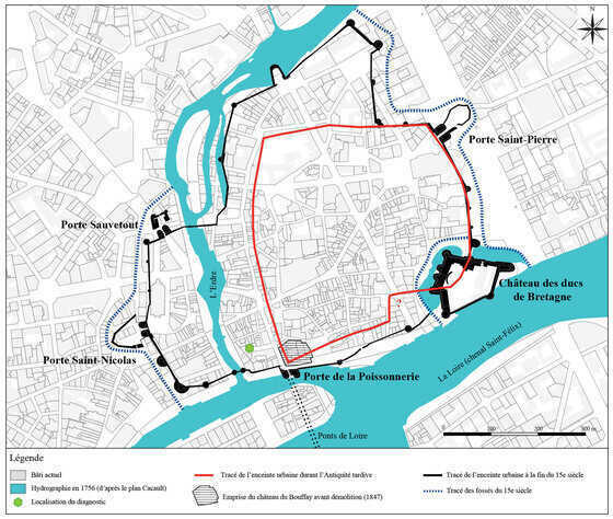 Carte du tracé des enceintes antique et médiévale de Nantes