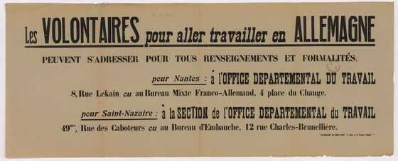 Adresse pour les Volontaires pour aller travailler en Allemagne