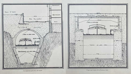 Coupes schématiques du tunnel de dérivation de l'Erdre à la tête amont et sous la place de la Duchesse-Anne