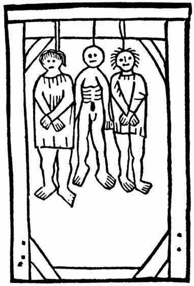 Illustration des trois pendus par François Villon dans son ouvrage « Le Testament »