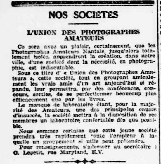Article du Phare de la Loire du 21 février 1924 annonçant la création de l’Union des Photographes amateurs