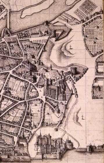 Détail des mottes Saint-Pierre et Saint-André issu d’une vue cavalière de Nantes