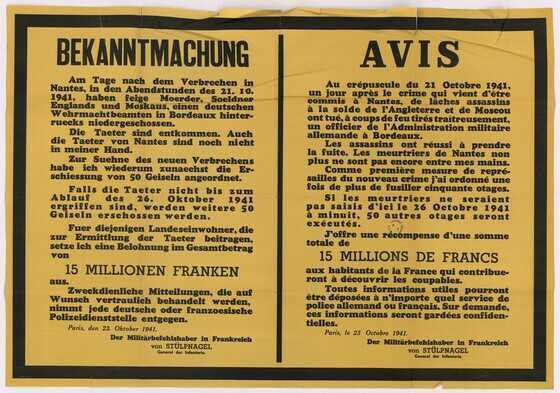 Avis publié par les autorités allemandes informant les Français de l’exécution d’otages, suite aux assassinats de militaires allemands à Nantes et Bordeaux