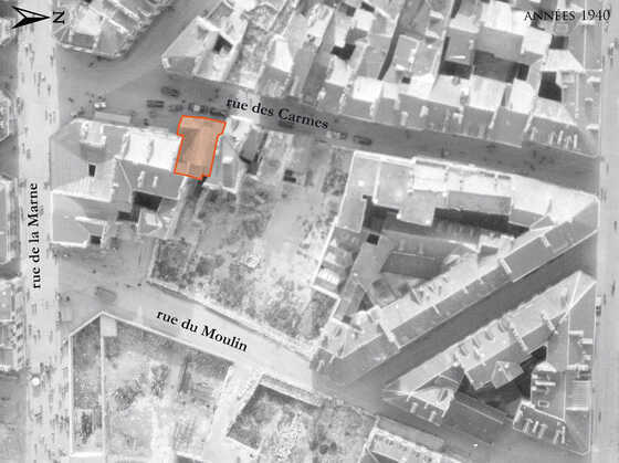 La maison du Change (en rouge) épargnée par les bombardements de 1943