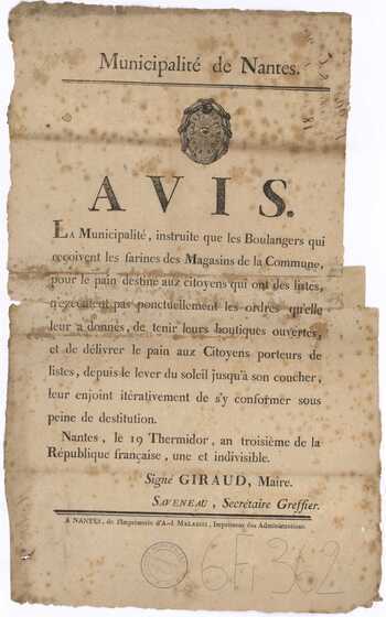 Avis concernant les boulangers devant délivrer du pain aux citoyens porteurs de listes, 6 août 1795