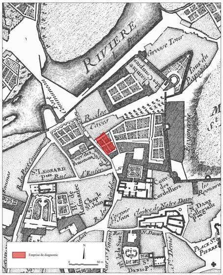 Localisation de l’opération sur le plan Cacault de 1759, figurant les couvents des Cordeliers et des Pénitentes