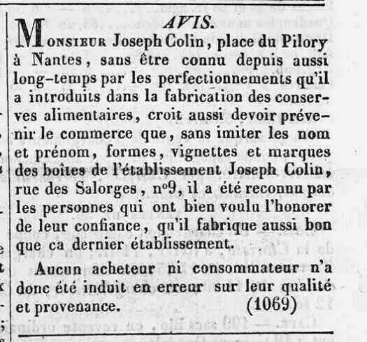 Avis de Joseph Colin paru dans le Lloyd nantais en mai 1838