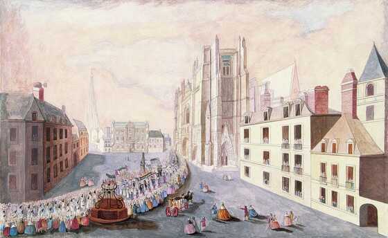 Aquarelle,  <i>Obsèques de l'évêque Pierre Mauclerc de La Muzanchère</i> , copie d'après Antoine Hénon (1775)