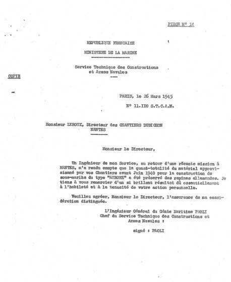 Lettre de Monsieur Paoli à Monsieur Leroux, directeur des chantiers Dubigeon