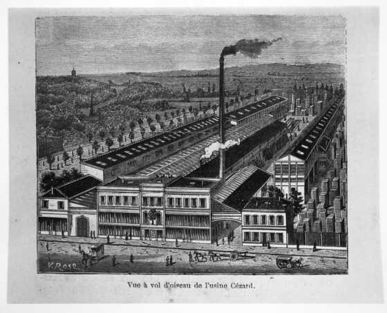 Représentation de la raffinerie de Chantenay vue à vol d’oiseau en 1881