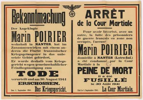 Arrêt de la Cour Martiale annonçant l'exécution du résistant Marin Poirier